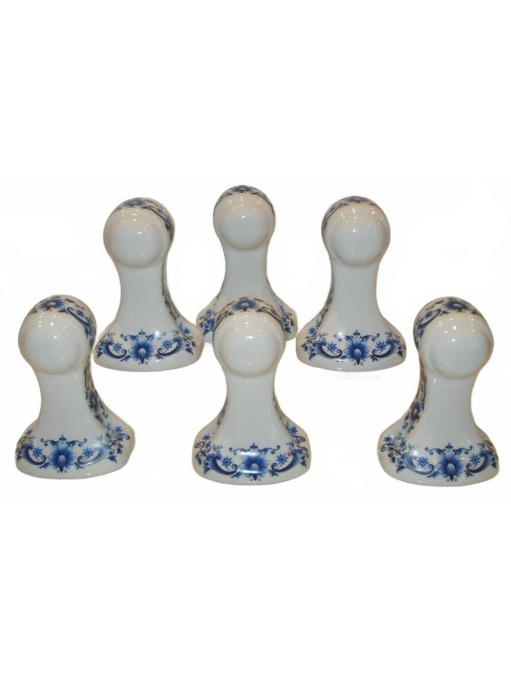 Vintage 6 pcs Blue & White Porcelain Towel Bar Brackets / Toilet Paper Holders